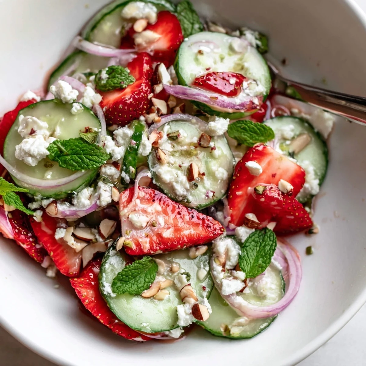 Bright Cucumber Strawberry Salad tossed with honey-balsamic dressing, feta optional  