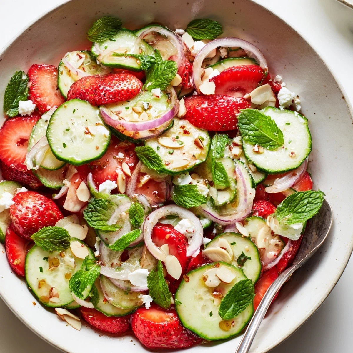 Chilled Cucumber Strawberry Salad served in bowl, aromatic mint and crunchy almonds