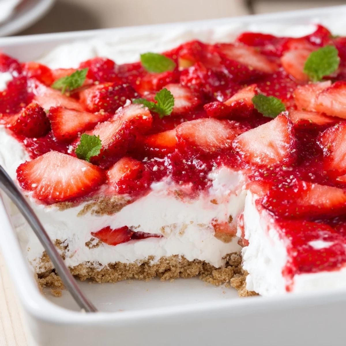 No Bake Strawberry Shortcake Dessert in dish, creamy layers and juicy berries