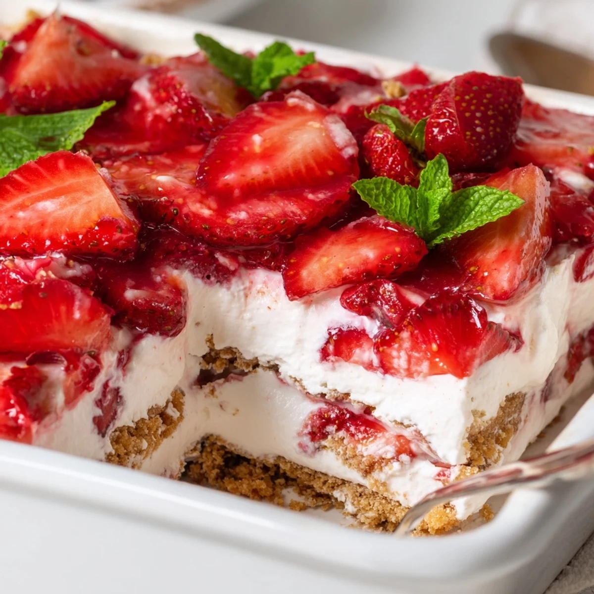 Chilled No Bake Strawberry Shortcake Dessert topped with sliced strawberries and fresh mint