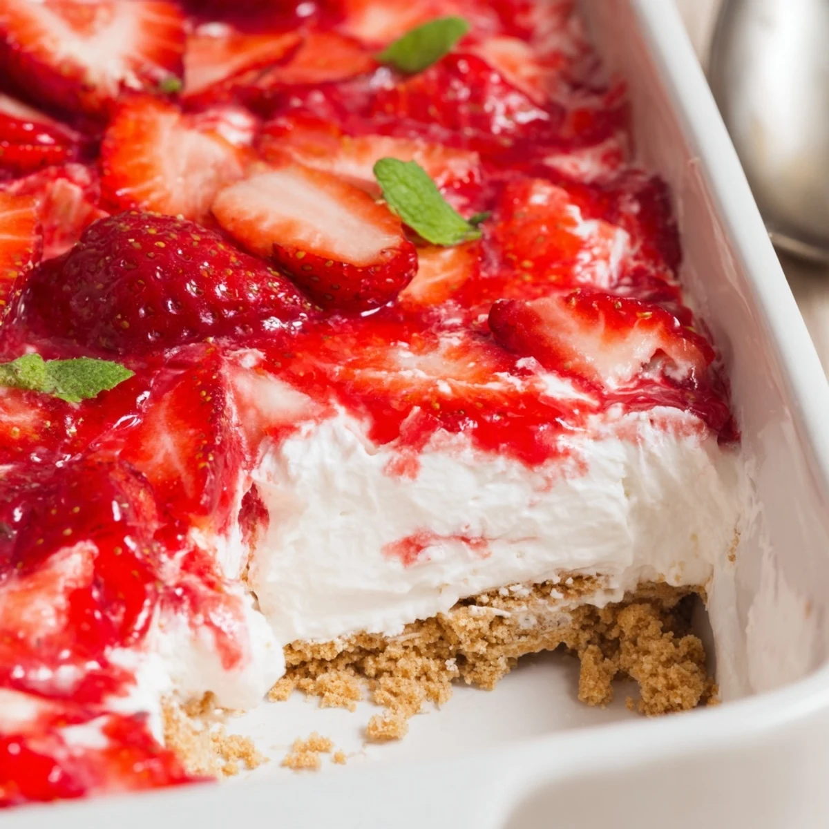 Layered No Bake Strawberry Shortcake Dessert with crumbly graham base and whipped cream