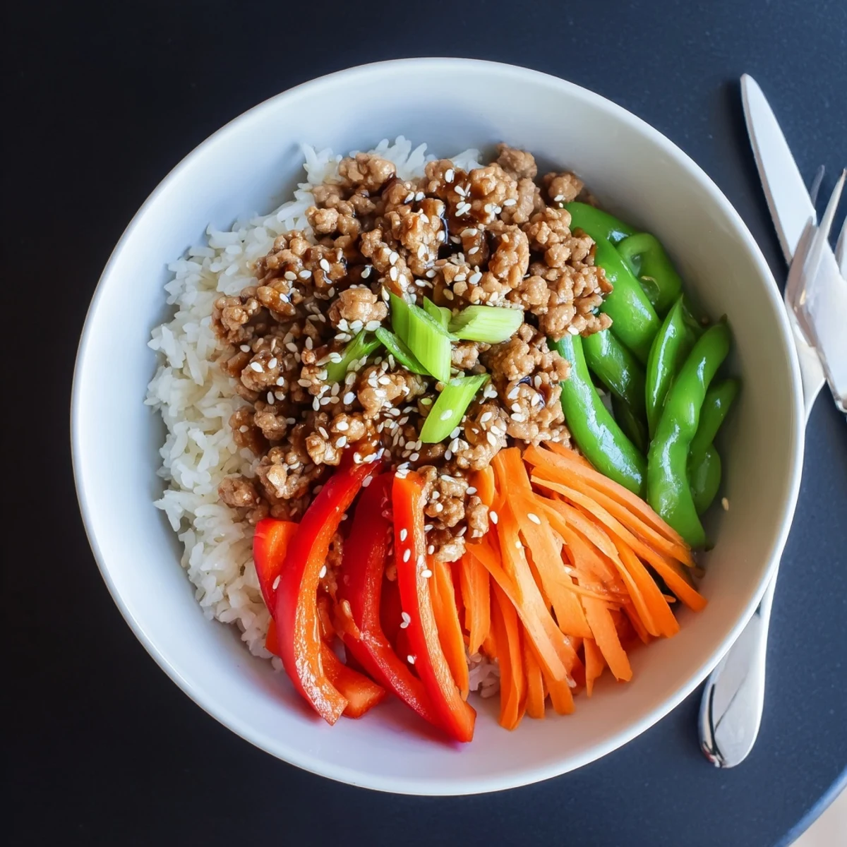 Weeknight Teriyaki Turkey Rice Bowls—tender ground turkey, savory sauce, crisp snap peas