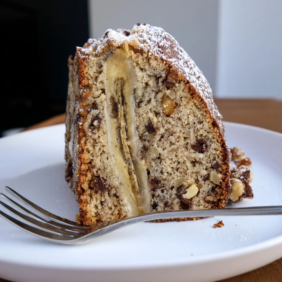 A warm Banana Bread Cake Recipe served with melting vanilla ice cream