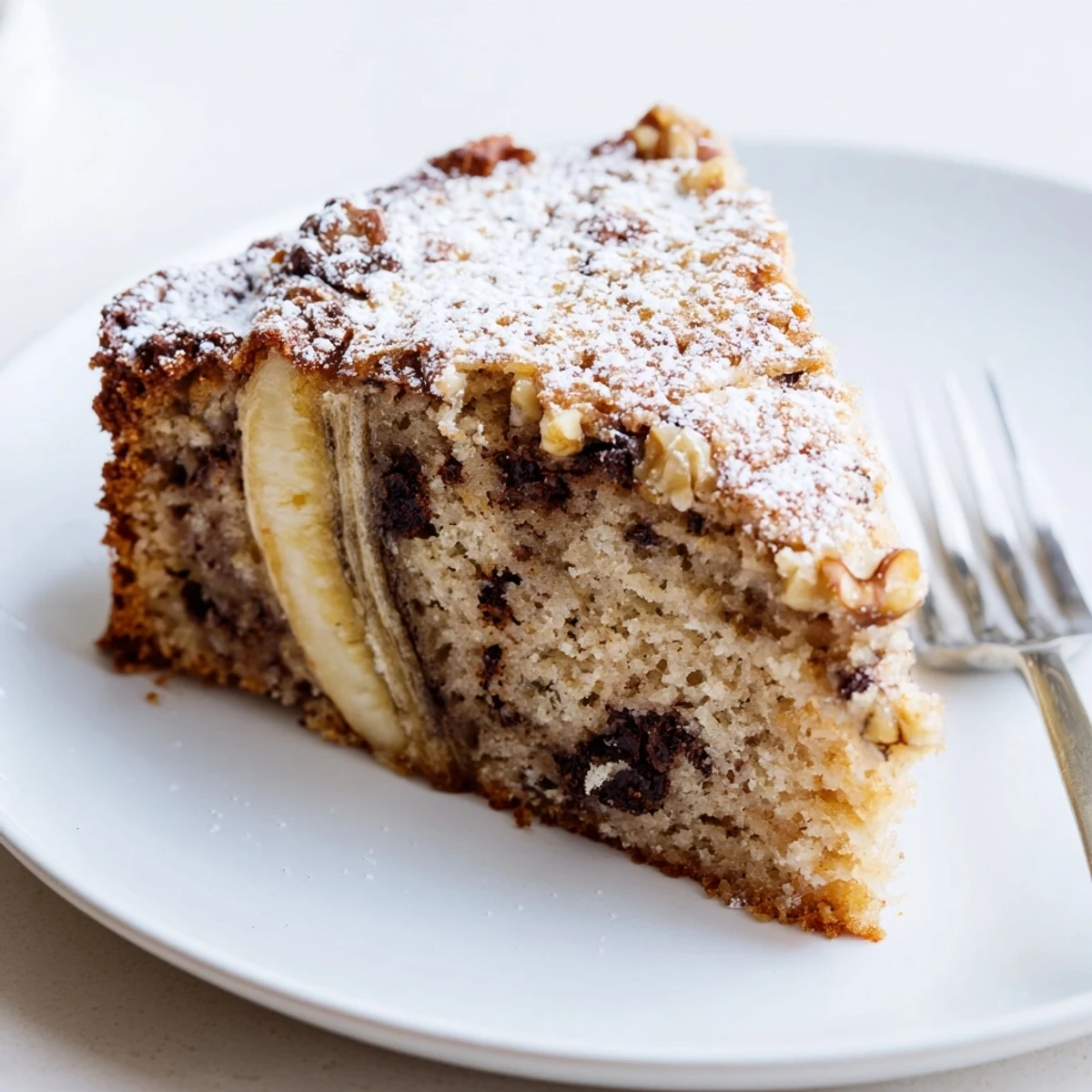 Fork-ready Banana Bread Cake Recipe studded with chopped walnuts and chocolate chips
