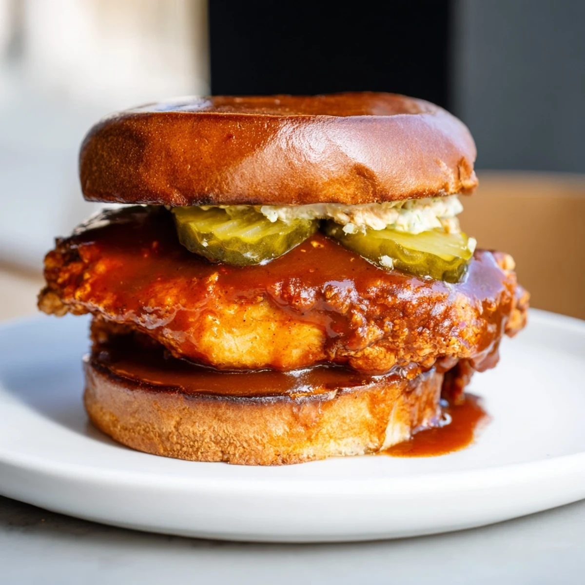 Spicy Nashville Hot Chicken Sandwiches with glossy cayenne glaze, crunchy pickles and slaw