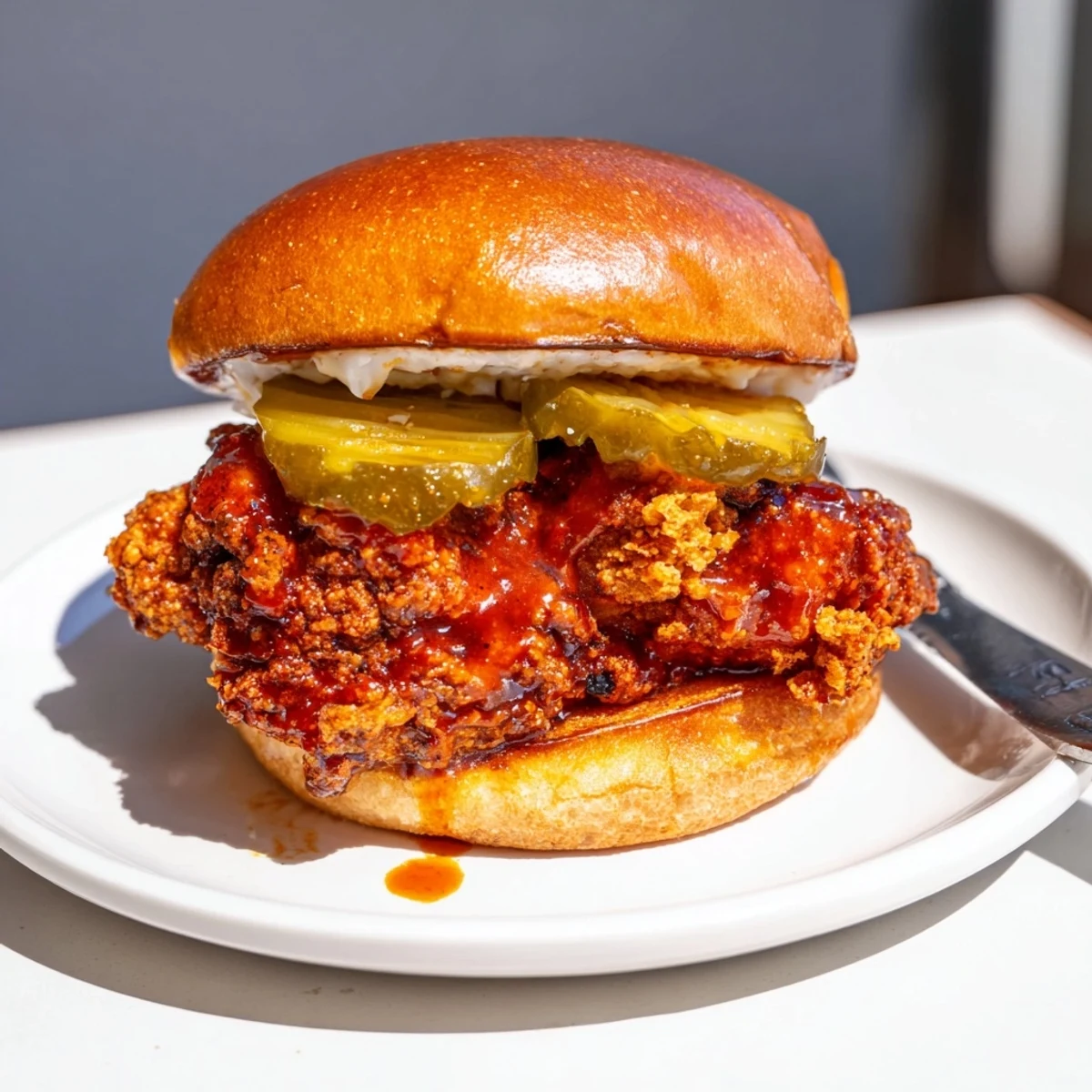 Crispy, fiery Spicy Nashville Hot Chicken Sandwiches served with cold dill pickles, iced tea