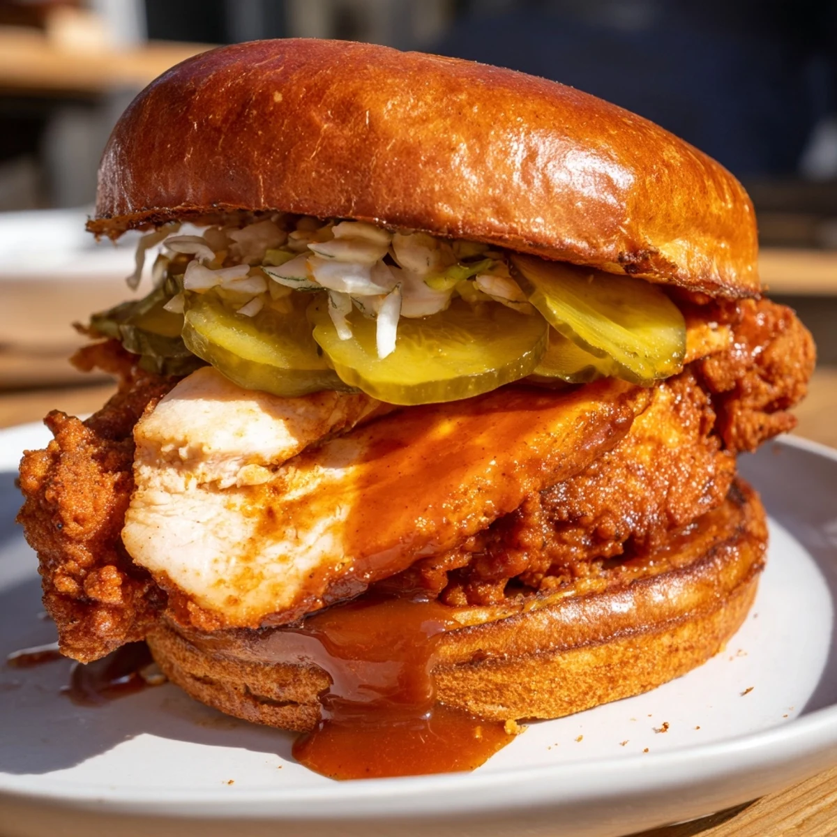 Buttered brioche holding Spicy Nashville Hot Chicken Sandwiches, juicy thighs and creamy slaw