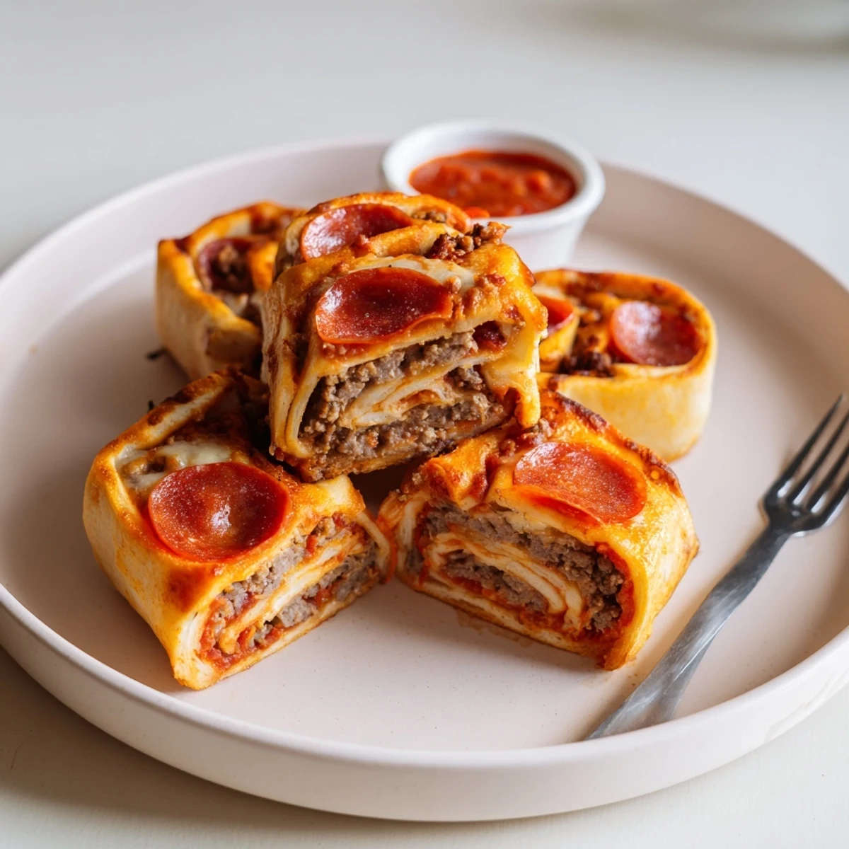 Cheesy Beef Pepperoni Pizza Roll Ups Snack Recipe showing golden baked spirals, gooey cheese