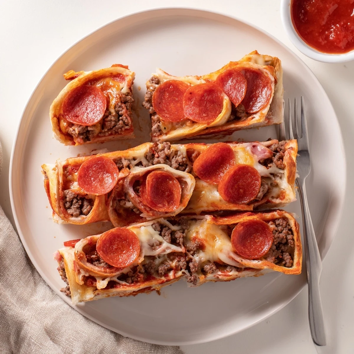 Warm Cheesy Beef Pepperoni Pizza Roll Ups Snack Recipe served with rich pizza sauce
