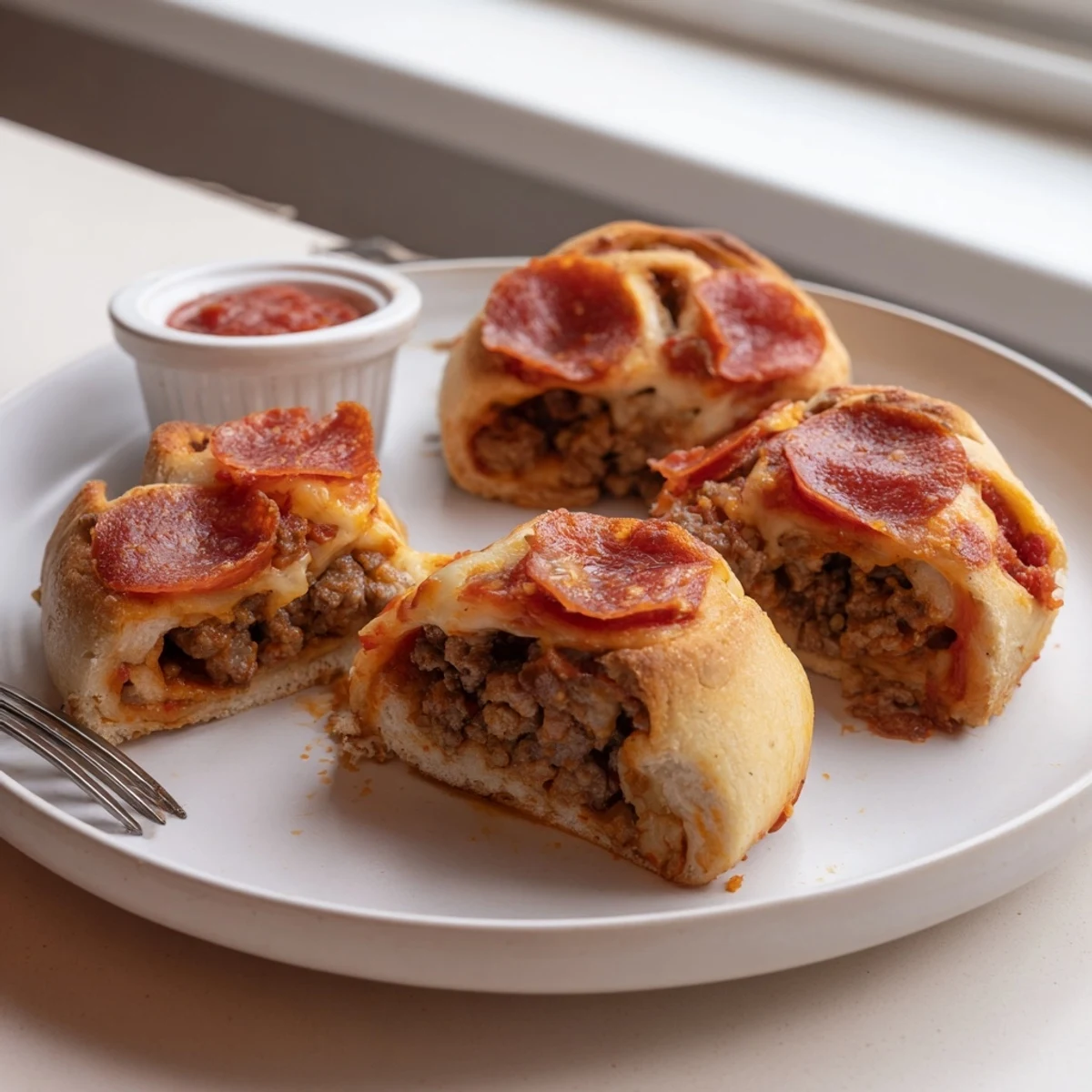 Freshly baked Cheesy Beef Pepperoni Pizza Roll Ups Snack Recipe, crispy edges, melty center