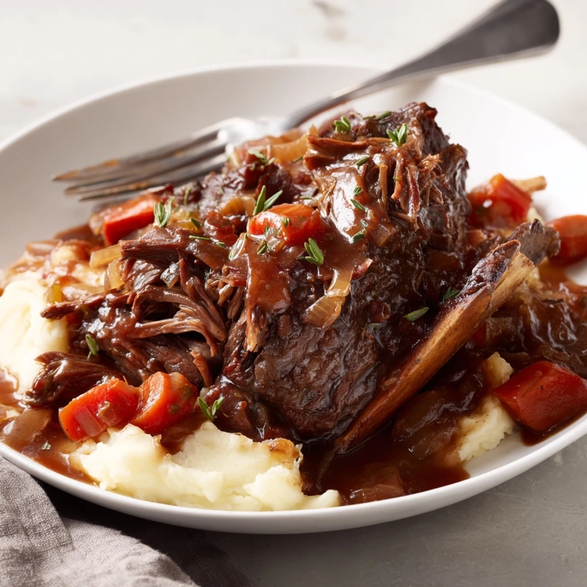Dinner ready Slow Cooker Beef Short Ribs slow cooked, served over creamy mashed potatoes