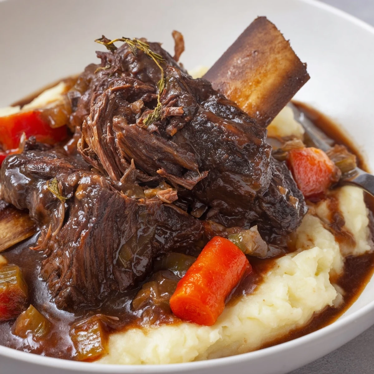 Aromatic rosemary and red wine gravy coating fork tender Slow Cooker Beef Short Ribs