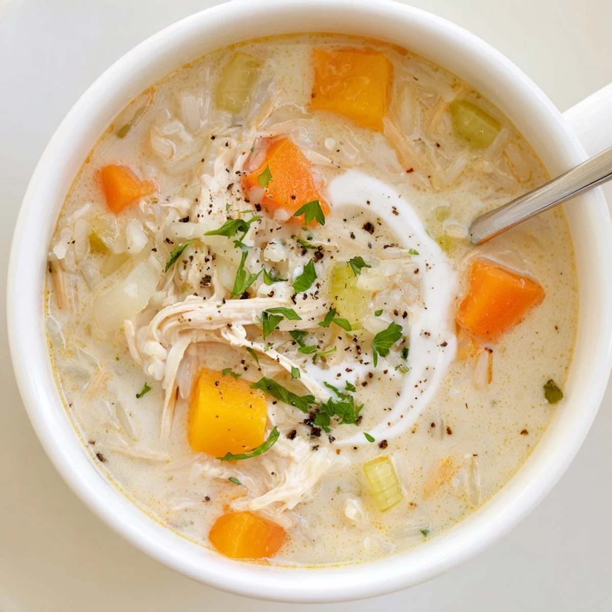 Creamy Chicken Rice Soup steaming in bowl, tender chicken, silky broth, parsley