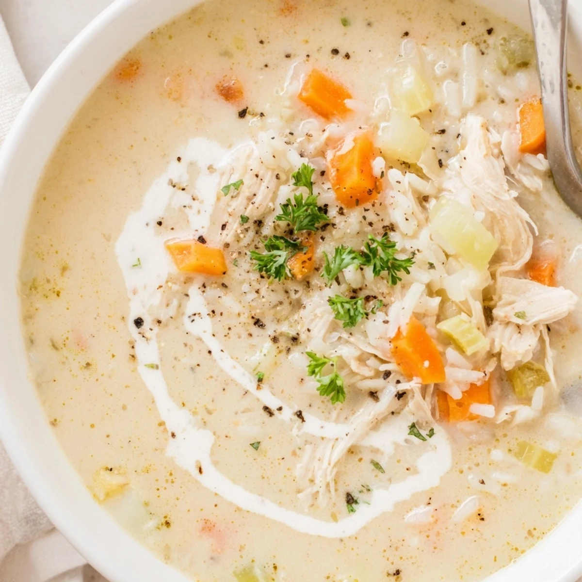 Close-up of Creamy Chicken Rice Soup ladled from pot, rich aroma suggested