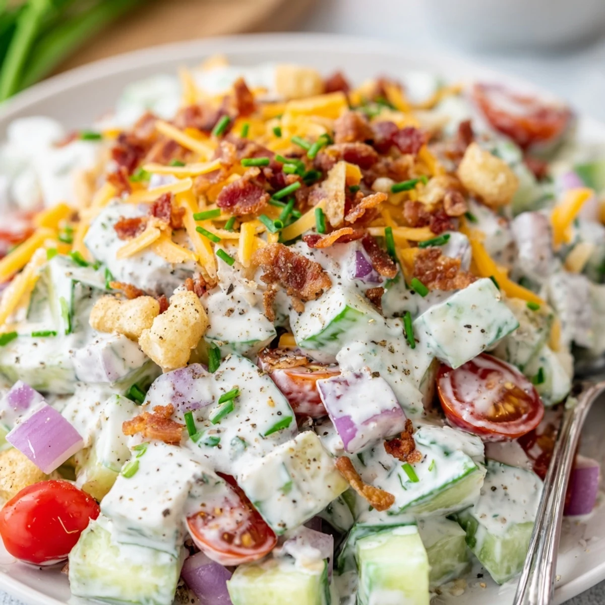 Cucumber Ranch Crack Salad piled in bowl, crisp cucumbers and smoky bacon
