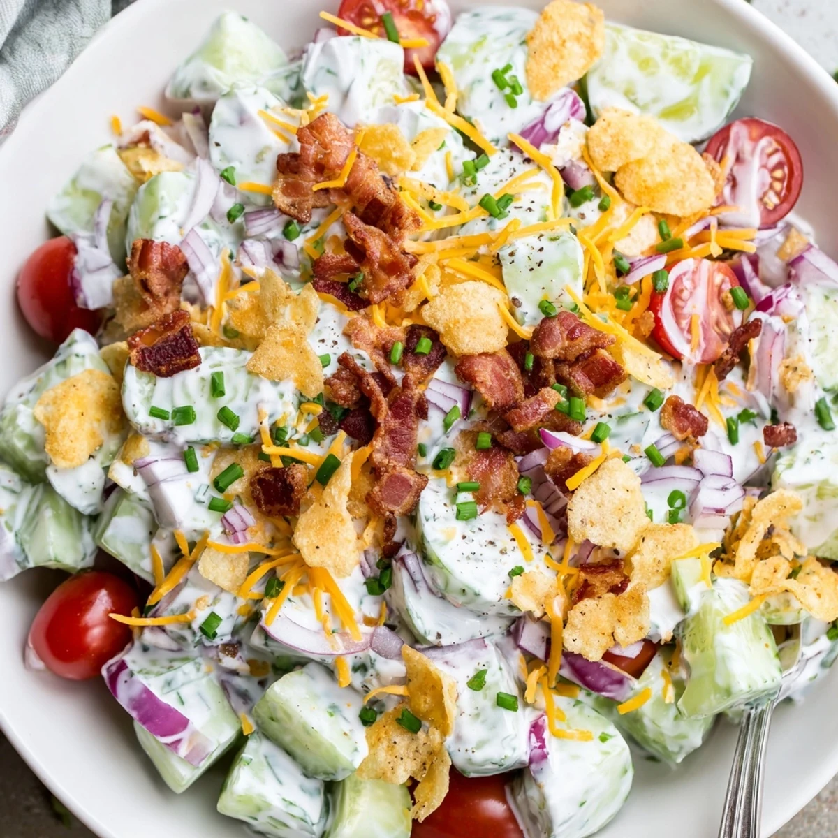 Chilled Cucumber Ranch Crack Salad with cheddar, crunchy chips, perfect potluck side