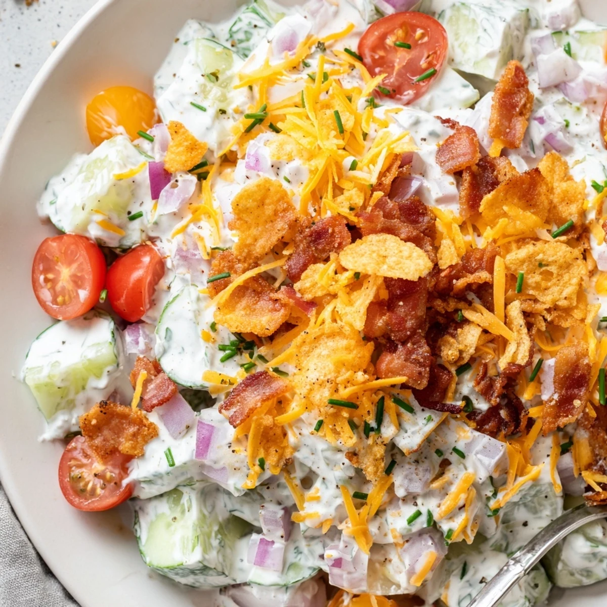 Bright Cucumber Ranch Crack Salad tossed in creamy ranch, topped with chives