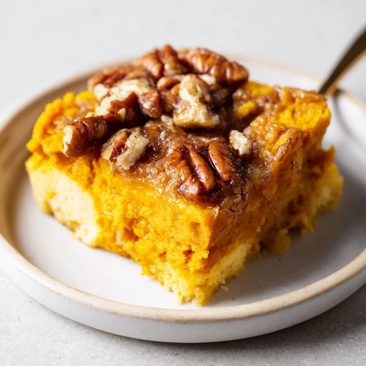 Slice of Pumpkin Dump Cake steaming slightly, buttery crumbs and spice aroma