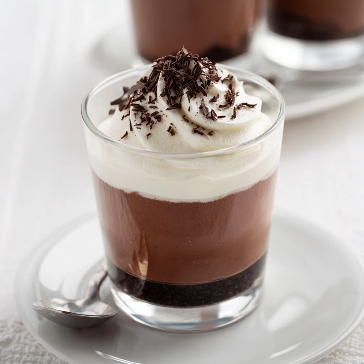Silky Triple Chocolate Mousse Cups topped with cocoa dusting and a petite spoon
