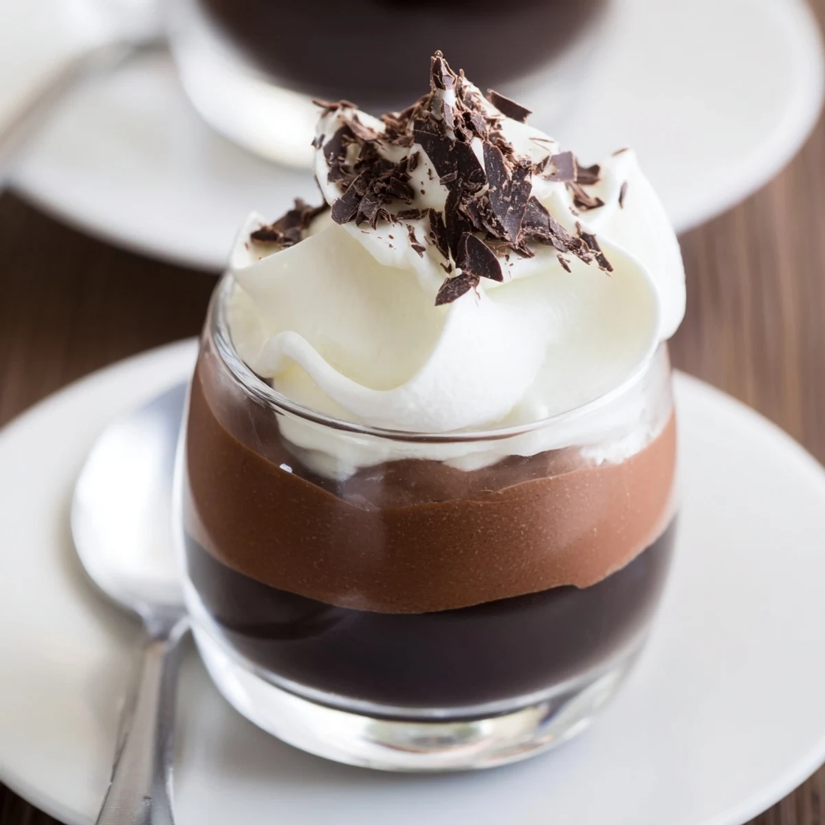 Creamy chocolate trio: Triple Chocolate Mousse Cups chilled in glasses, garnished with shaved chocolate  