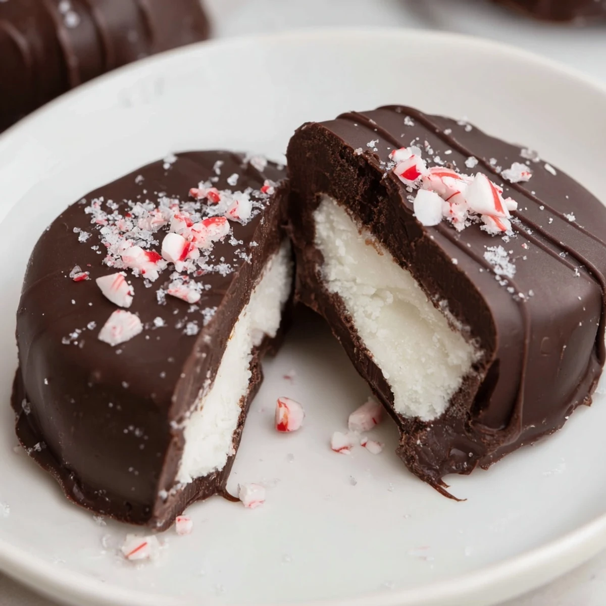 Close-up of glossy Peppermint Patties coated in dark chocolate cooling on parchment