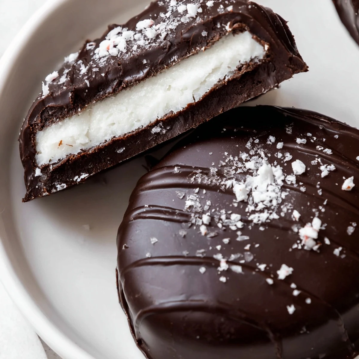 Hand holding a chilled Peppermint Patties piece, creamy mint center exposed