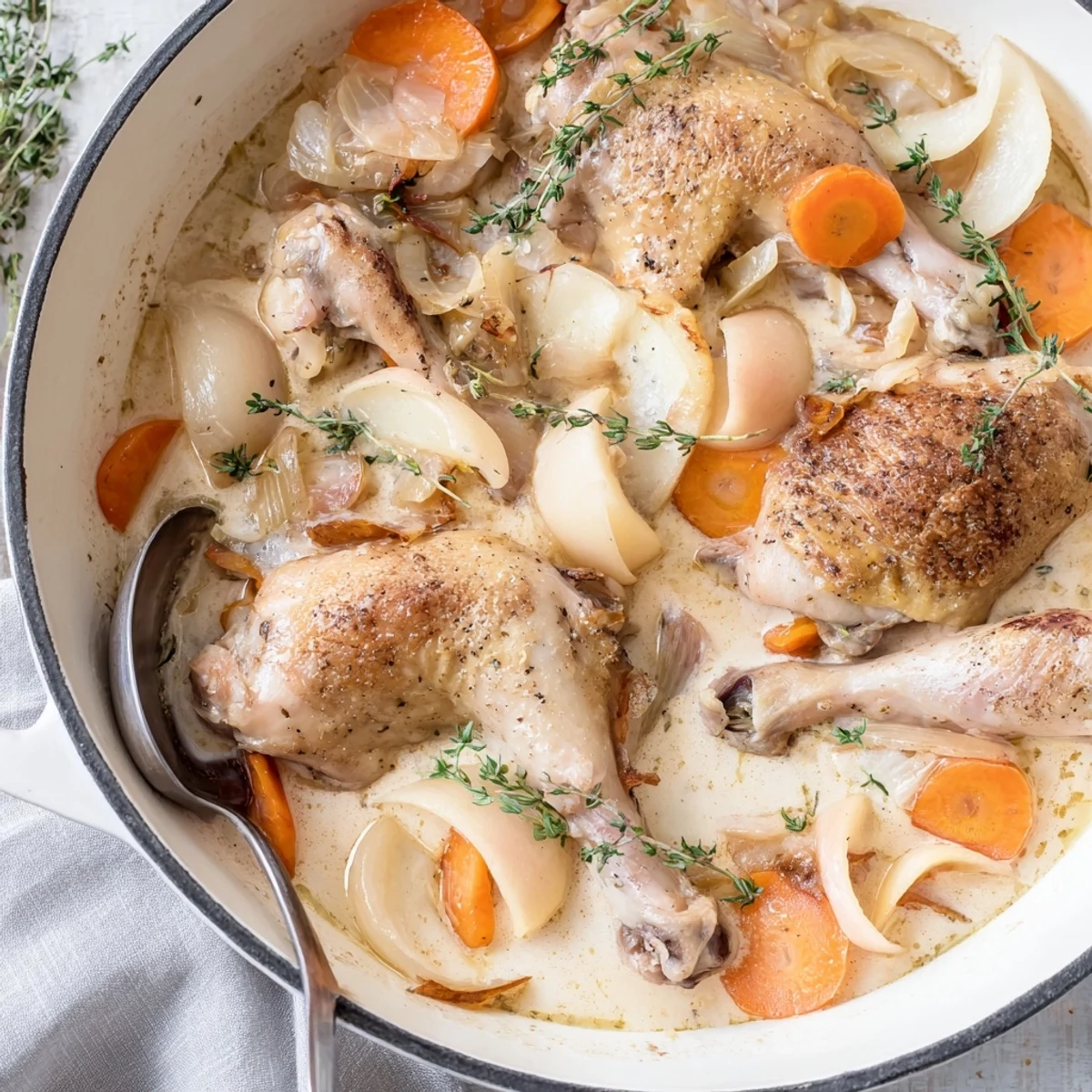 Golden-brown chicken simmers in creamy French cider sauce with tender apple slices and aromatic herbs