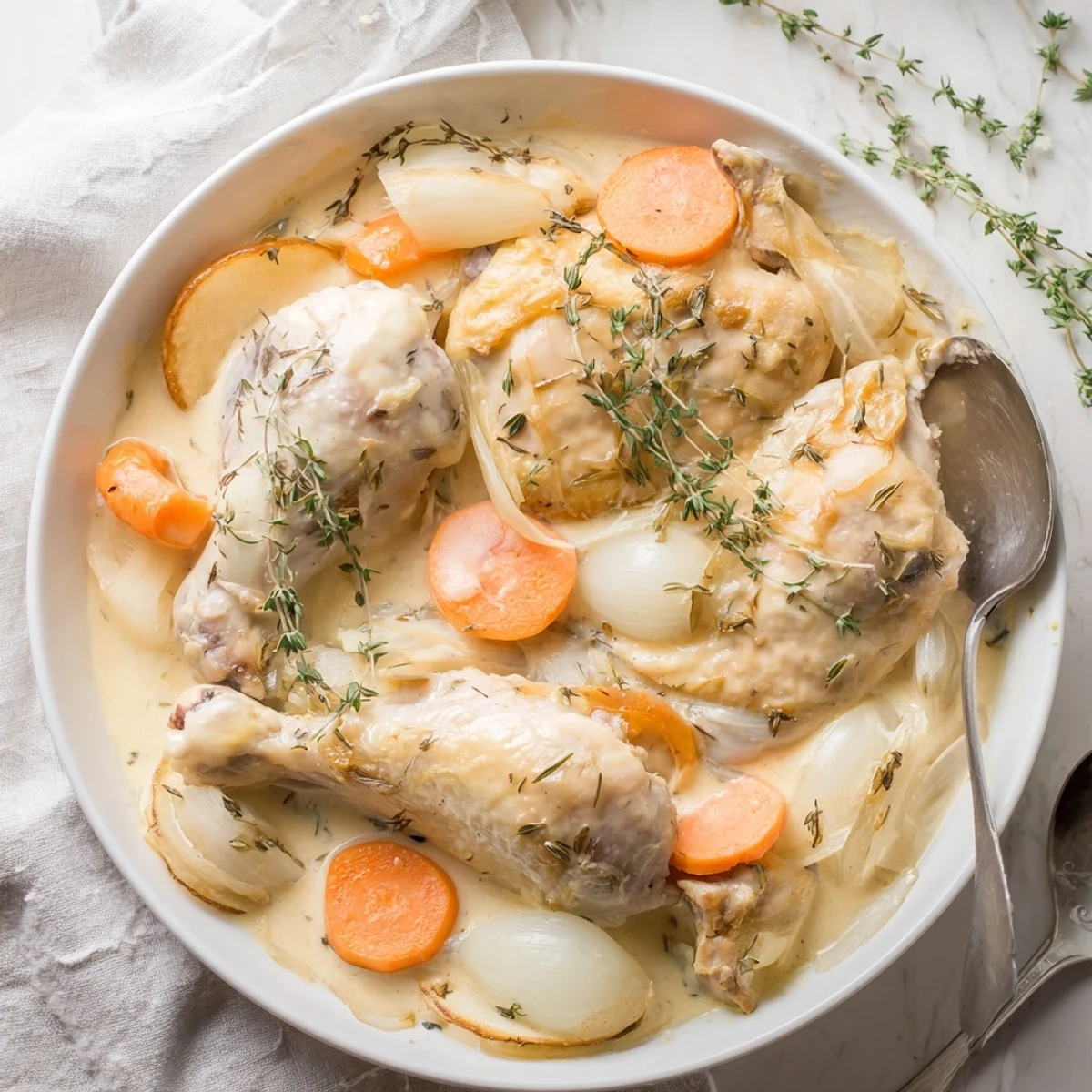 Rustic Dutch oven filled with chicken casserole featuring onions, carrots, apples in rich Calvados cream sauce