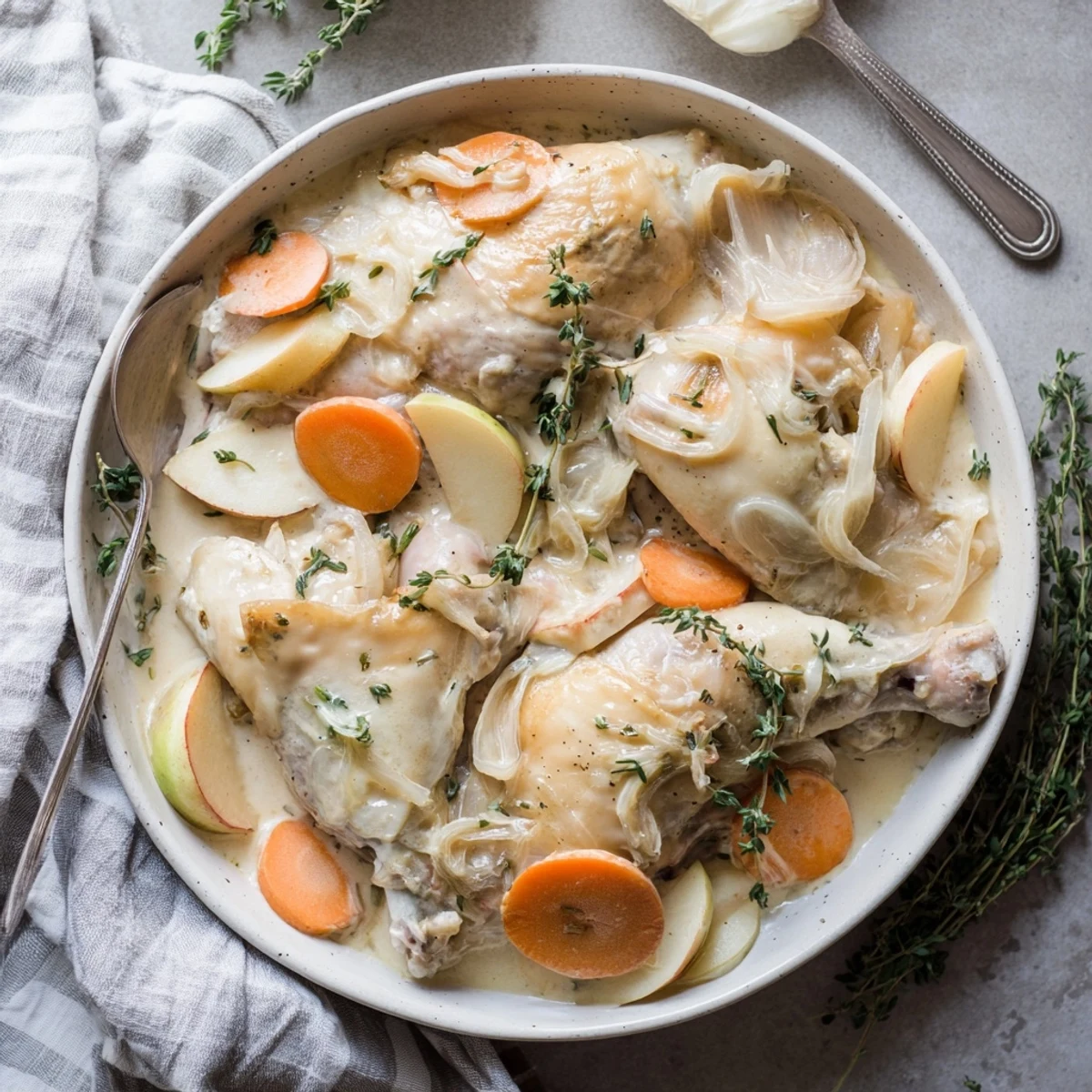 Traditional Normandy-style chicken casserole bubbling with tart apples, vegetables, and velvety cider cream sauce