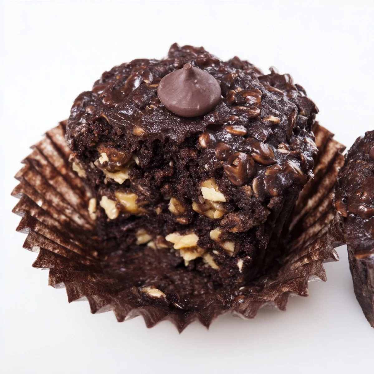 Fudgy chocolate oatmeal muffins cooling on wire rack with sea salt sprinkled on top