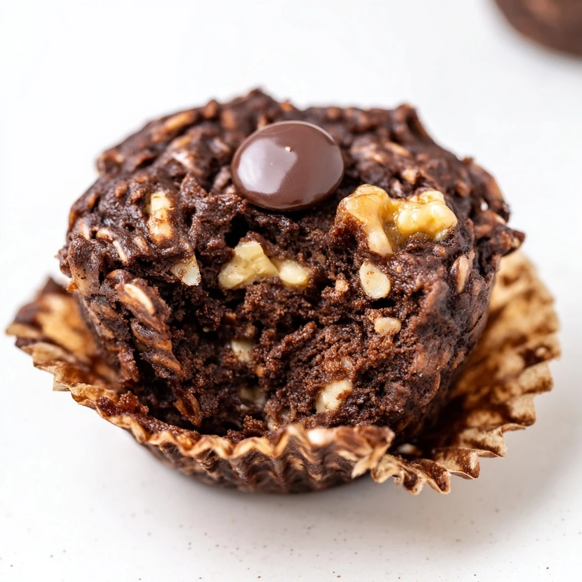 Decadent dark chocolate oatmeal cups with gooey center and nutty texture in muffin tin
