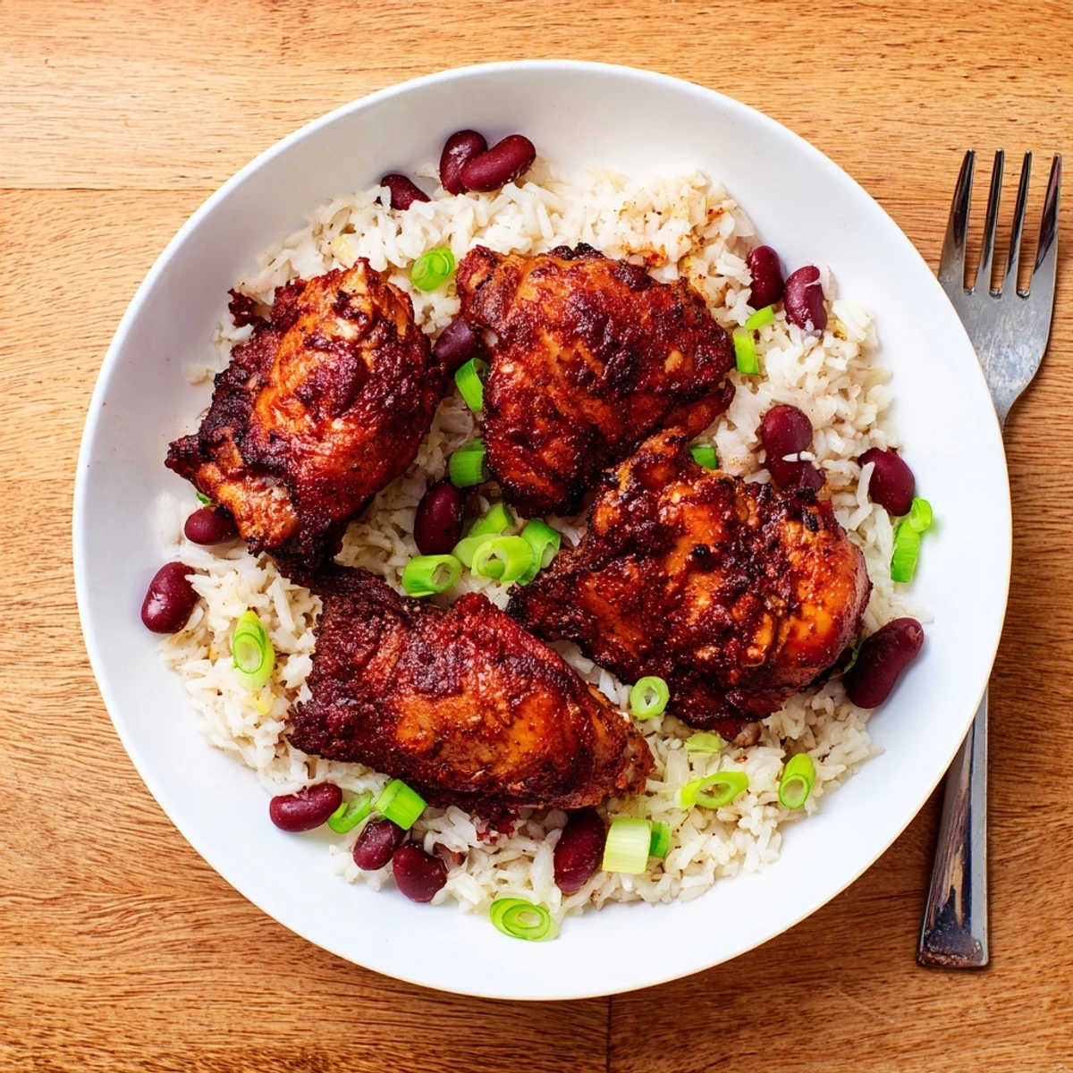Spicy Caribbean jerk chicken resting on aromatic bed of creamy coconut rice and beans platter