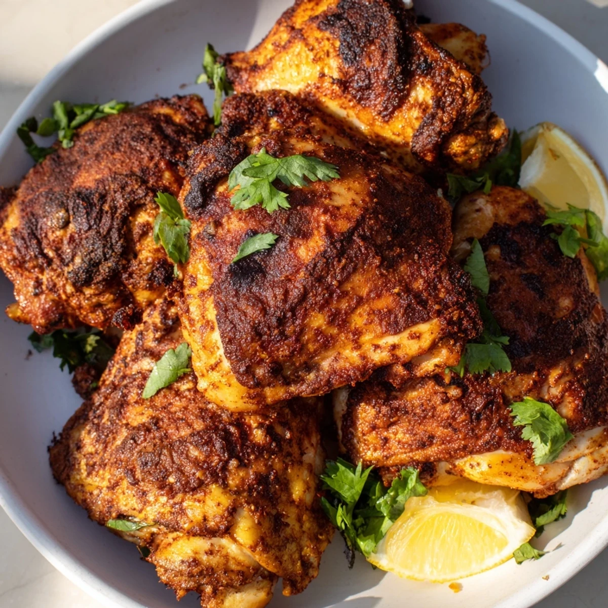 Golden roasted Moroccan spiced chicken thighs with crispy caramelized skin and fresh cilantro garnish on a white platter