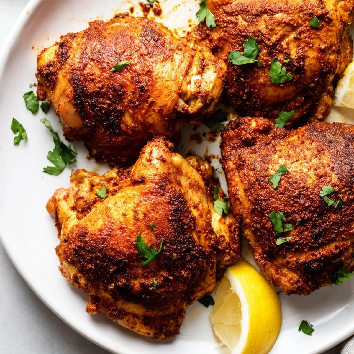 Fragrant Moroccan spiced chicken thighs marinated in aromatic cumin coriander and paprika roasted to juicy perfection