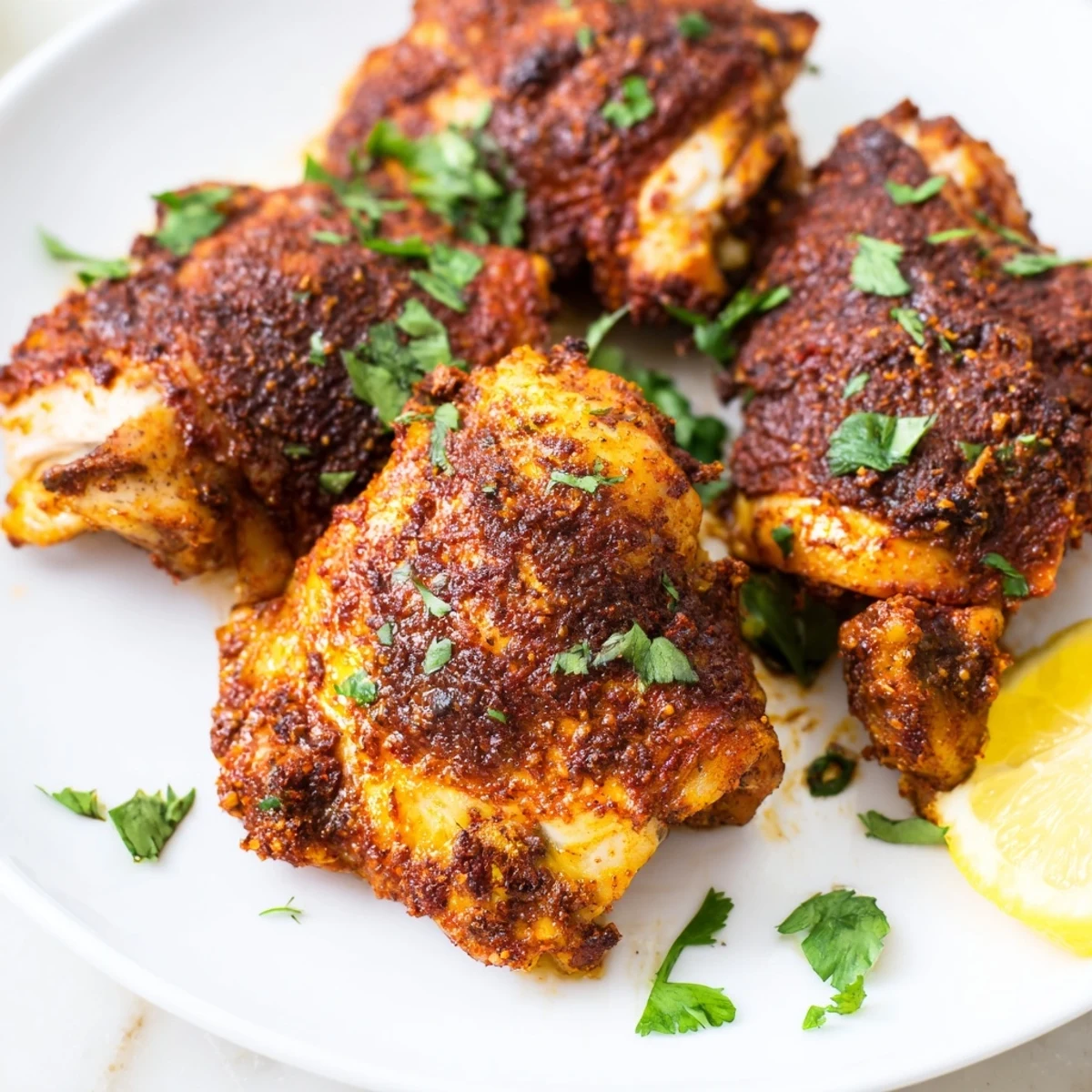 Tender Moroccan spiced chicken thighs served with lemon wedges and sprinkled with fresh chopped cilantro herbs
