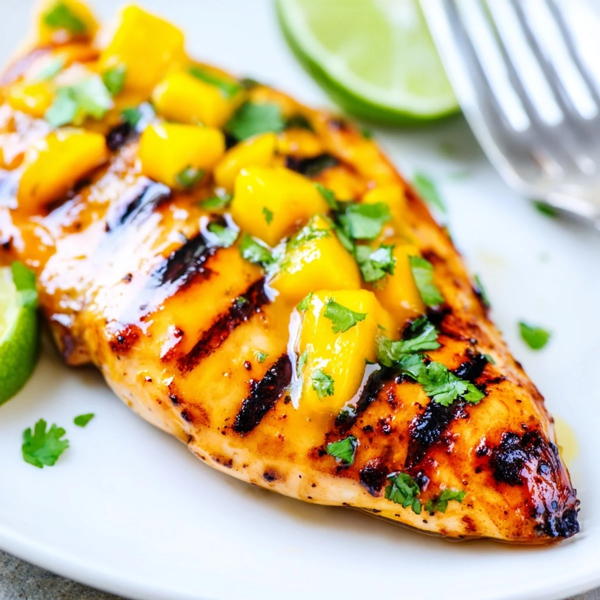Golden brown Grilled Mango Lime Chicken rests on a white plate garnished with fresh green cilantro and lime wedges