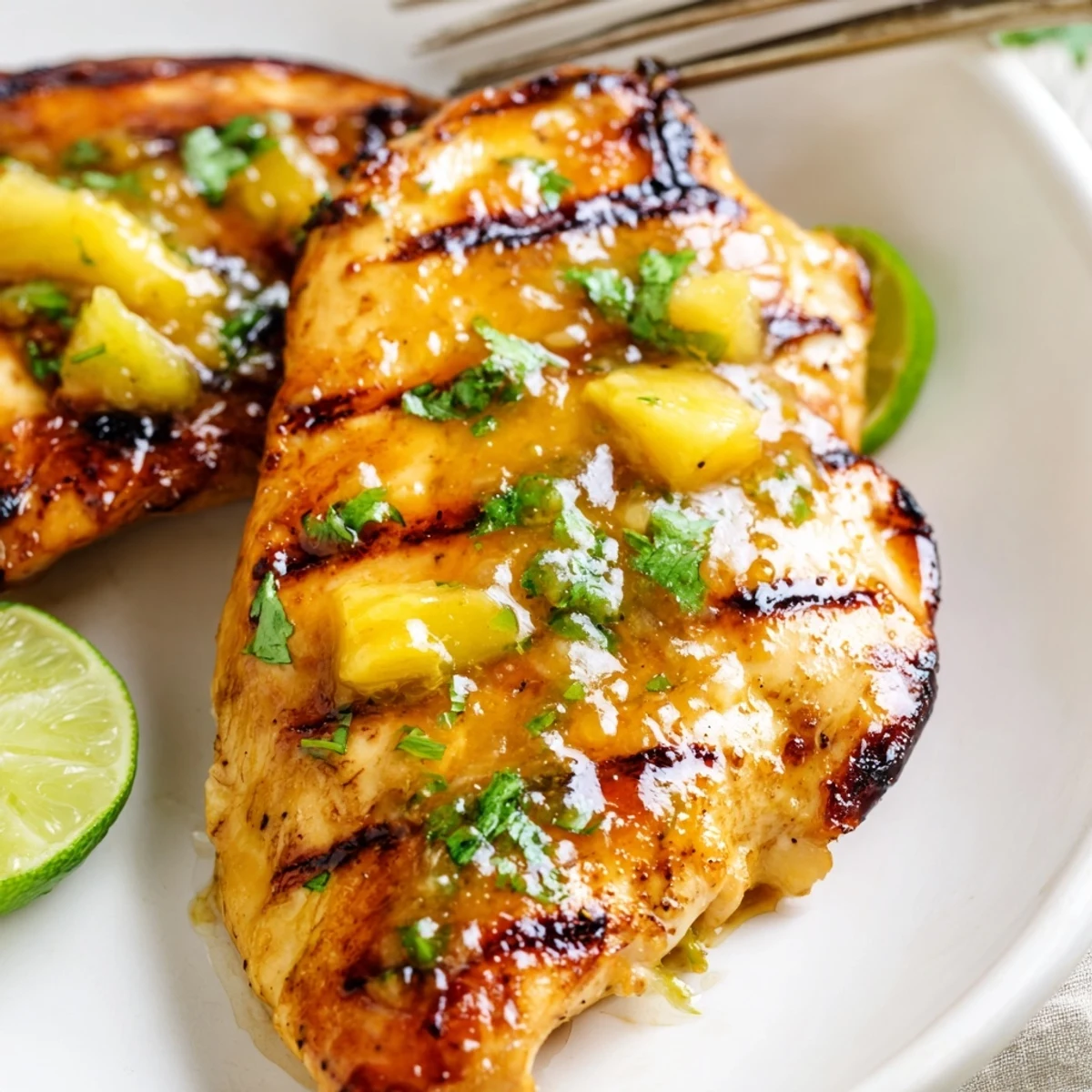 Juicy chicken breasts grilled to perfection with tropical mango lime marinade glistening under warm outdoor lighting