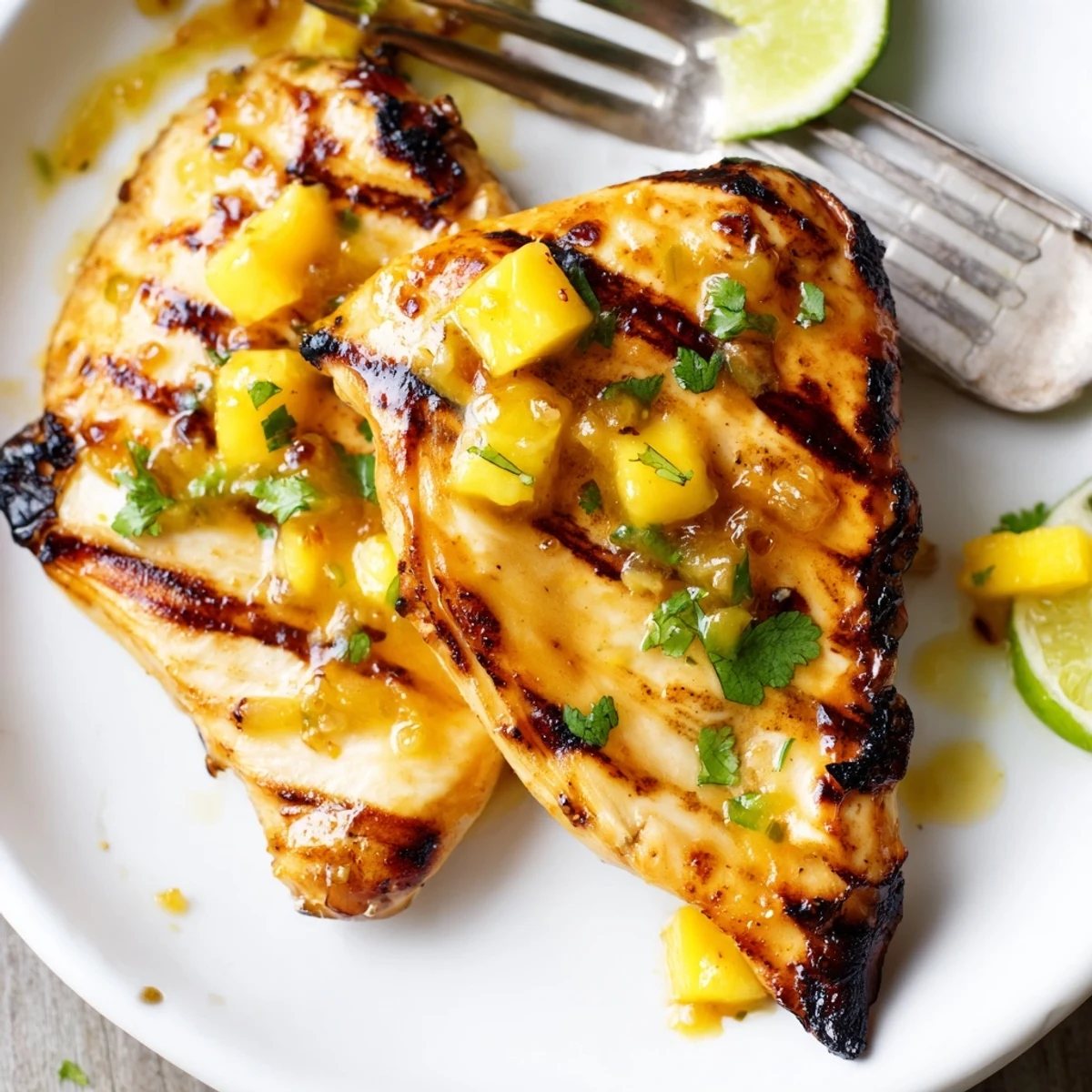 Platter of Grilled Mango Lime Chicken served with fresh herb garnish on a rustic wooden dining table