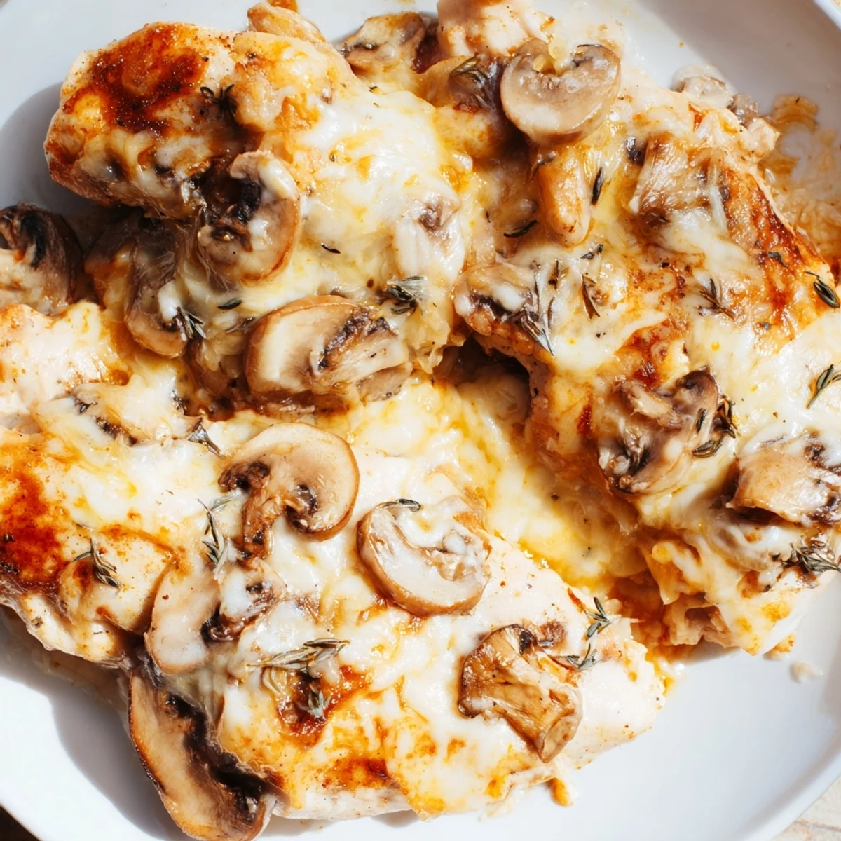 Golden melted mozzarella and Parmesan blanket tender cheesy baked chicken with mushrooms atop sautéed sliced cremini mushrooms