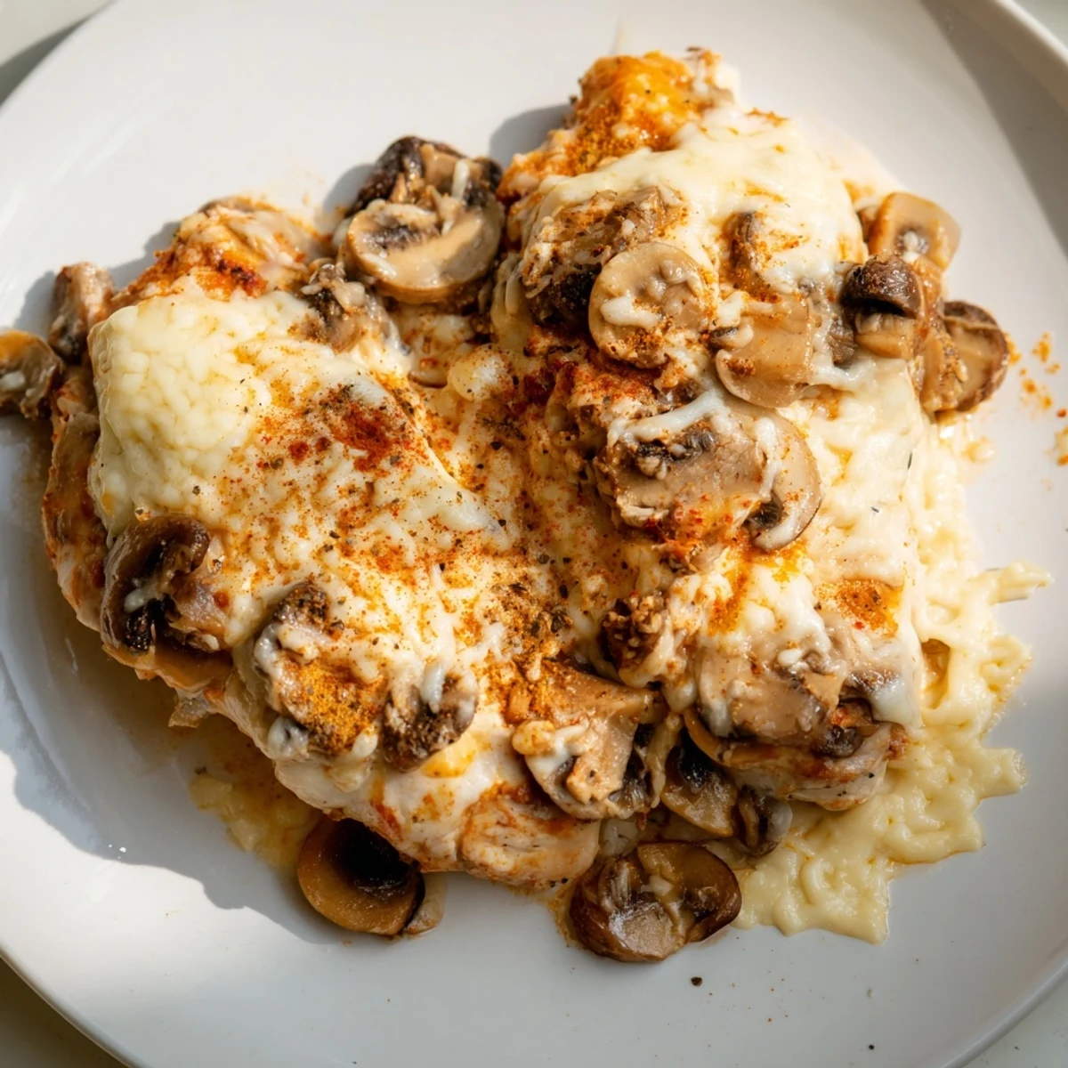 Savory cheesy baked chicken with mushrooms rests in a baking dish surrounded by melted cheese and sautéed garlic mushrooms