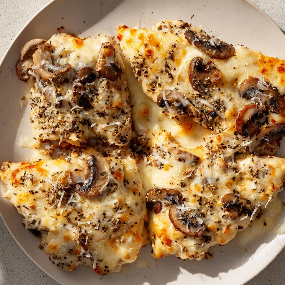 Tender cheesy baked chicken with mushrooms features bubbly golden brown cheese topping over seasoned chicken breasts with earthy mushroom slices