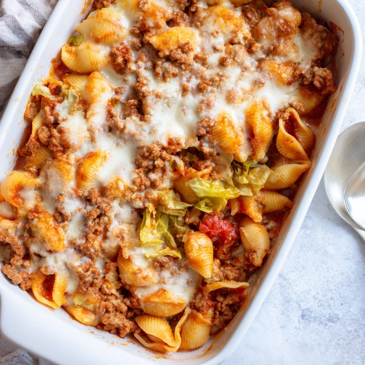 Golden cheesy cabbage roll pasta bake bubbling with beef and tomato sauce