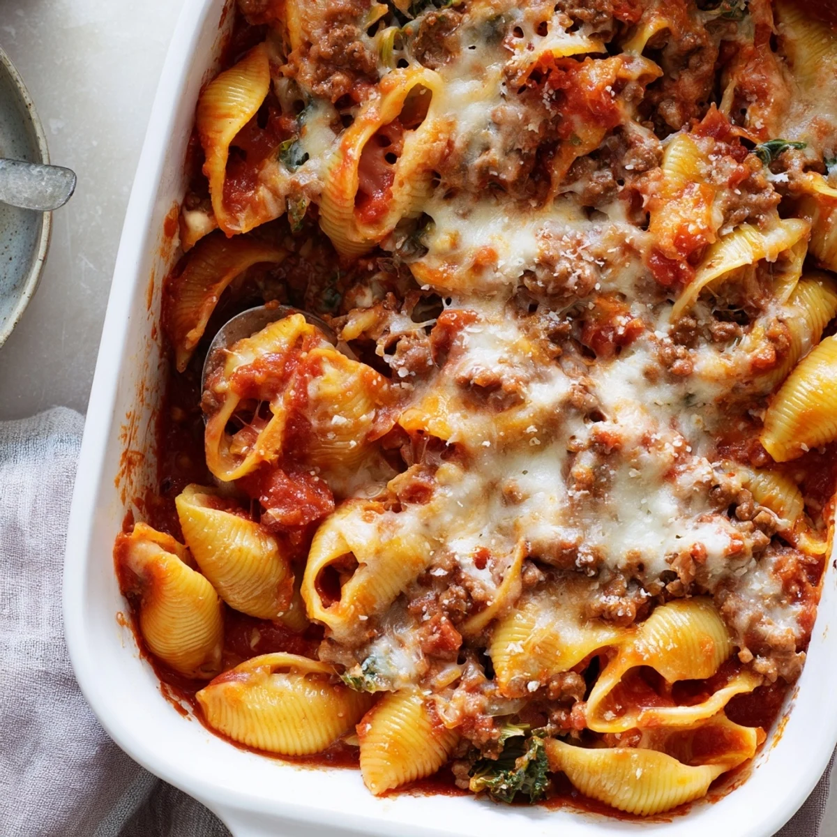 Baked pasta dish with tender cabbage beef filling and melted mozzarella cheese topping