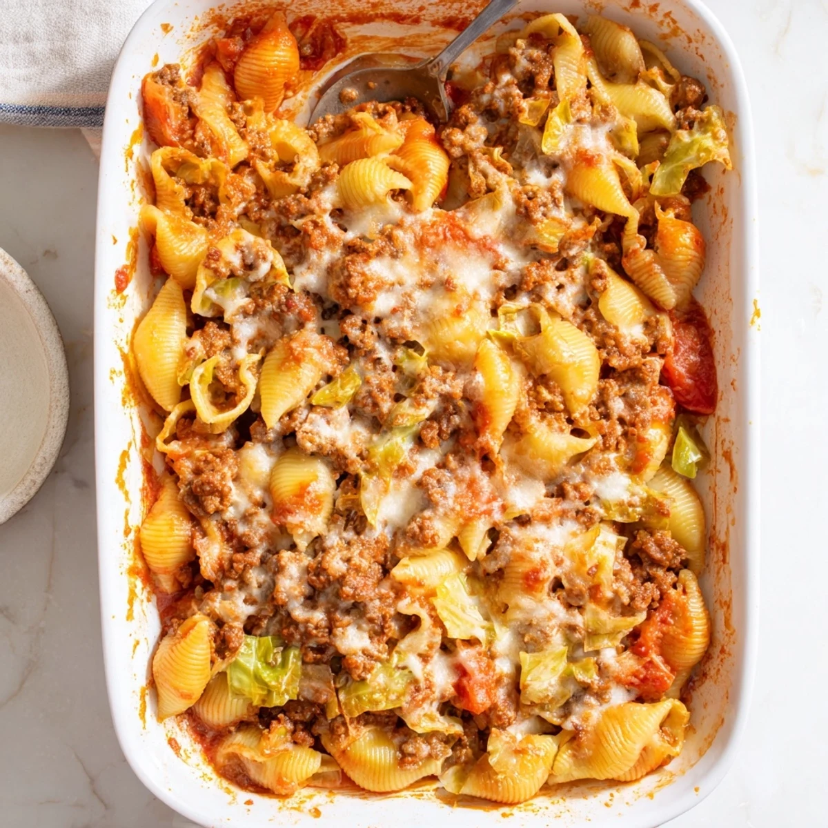 Hearty Eastern European inspired casserole combining pasta cabbage beef in rich tomato sauce