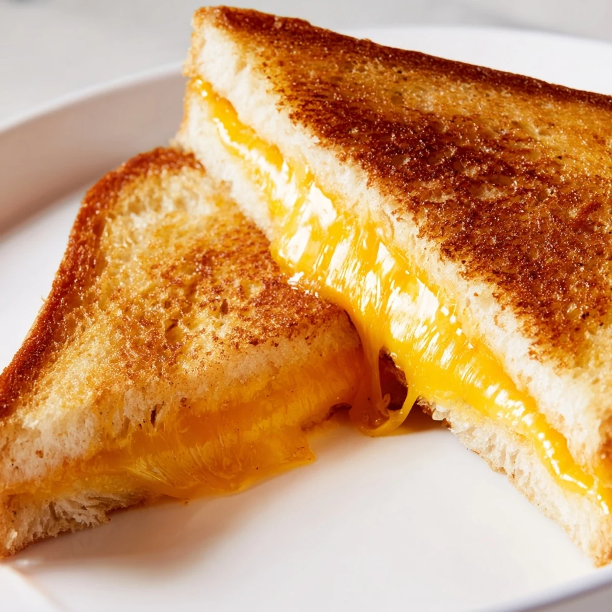 Golden grilled cheese sandwich with melted cheddar oozing from crispy buttered bread halves