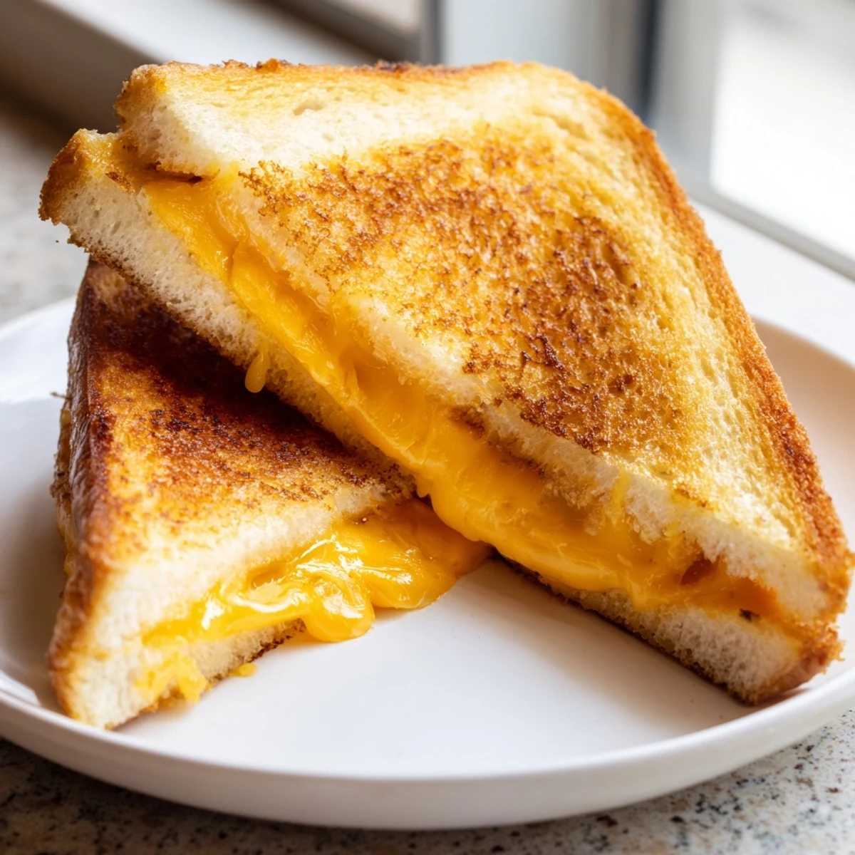 Homemade grilled cheese featuring crunchy toasted bread slices with warm melted cheddar cheese layers