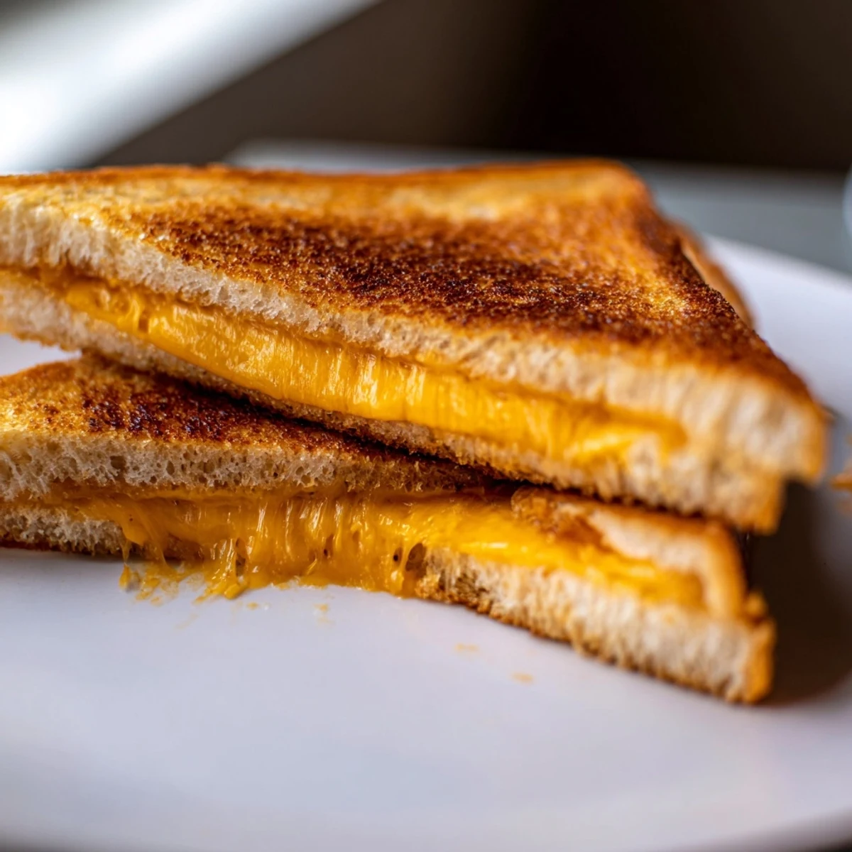 Classic grilled cheese sandwich showing golden brown exterior with gooey melted cheese center