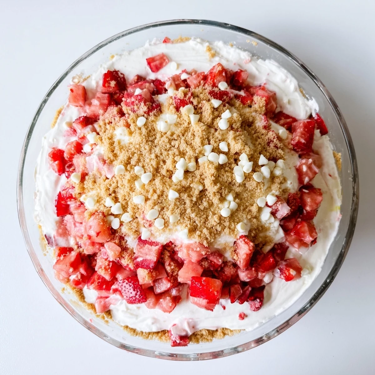 Golden strawberry cheesecake crunch layered with fresh berries and creamy vanilla filling in a glass dessert dish