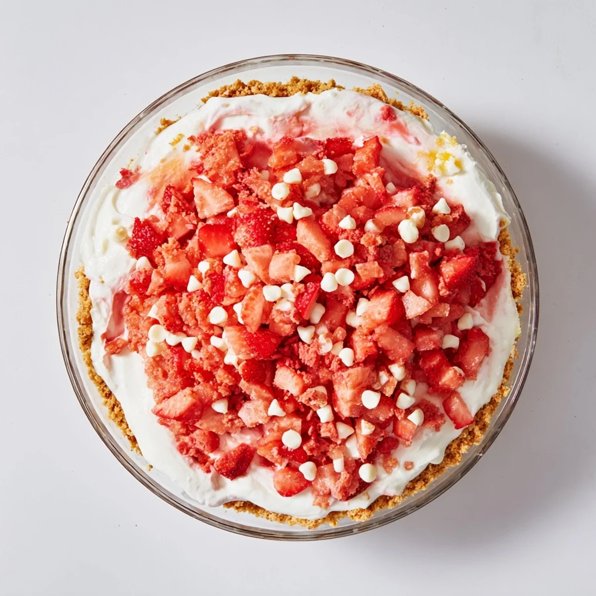 Slice of strawberry cheesecake crunch showcasing graham crumble topping over whipped cream cheese and sweet macerated strawberries