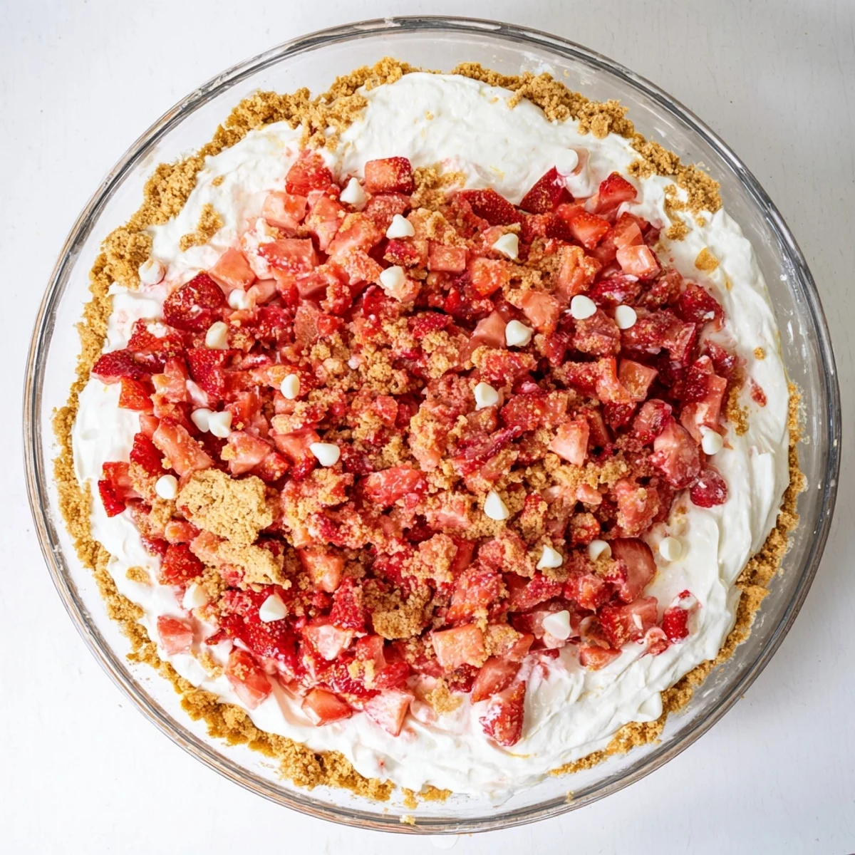 White individual jar of strawberry cheesecake crunch dessert with baked crumbs fluffy cheesecake and juicy diced strawberries